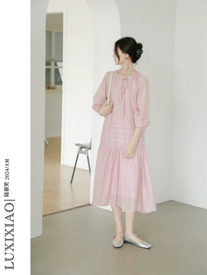LUXIXIAO dress 2025 new loose slim round neck design summer Korean version of three-quarter sleeve princess dress