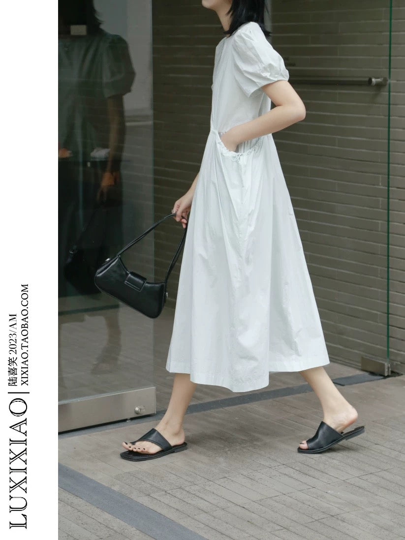 LUXIXIAO dress 2025 new style puff sleeves double pockets design pullover round neck shirt dress female Korean version