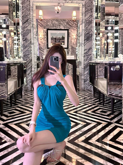 Chill Qiaoer Jinse Huanong Summer Special Sleeveless Peacock Blue Slim Fit Suspender Pure Desire Hip Cover Dress