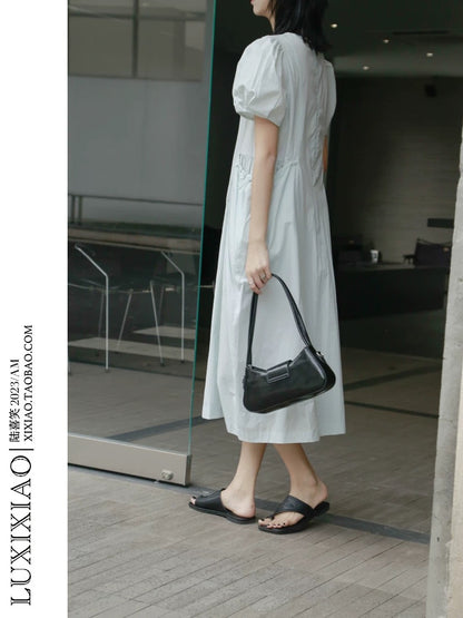 LUXIXIAO dress 2025 new style puff sleeves double pockets design pullover round neck shirt dress female Korean version