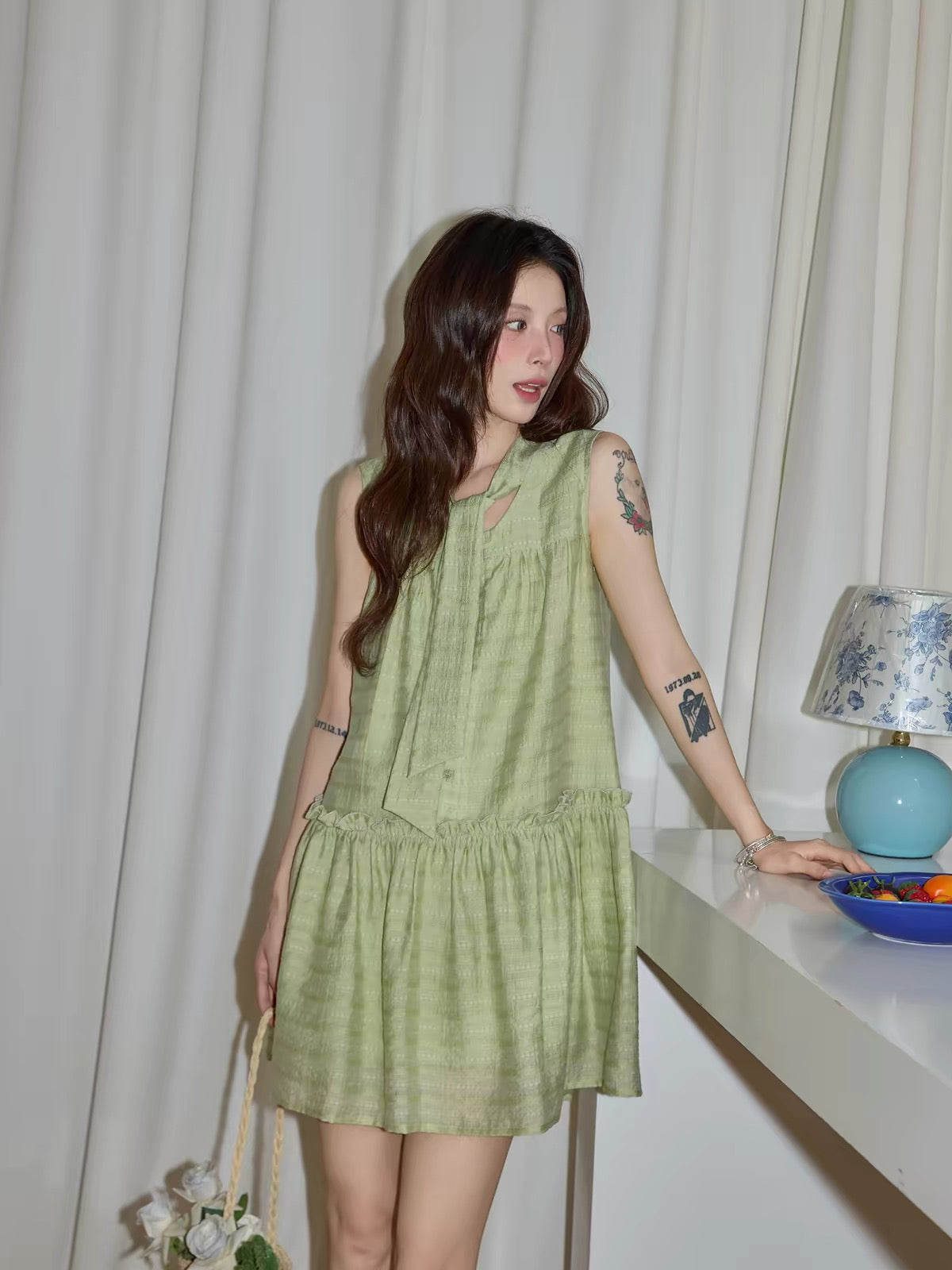 Chaochao's Forest-Style Green Sleeveless Dress with Tie-Detail – Summer 2026 Fresh, Casual, Loose-Fit Mini Dress with Lettuce-Edge Trim