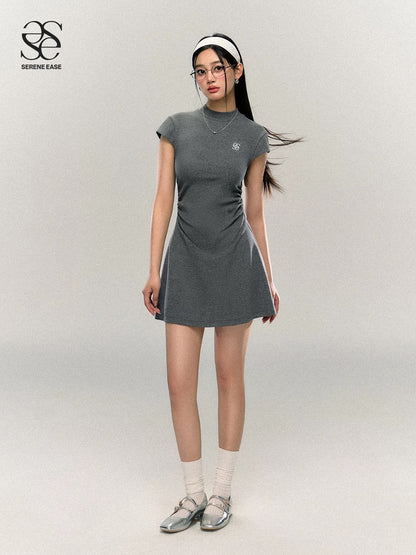 SereneEase college-style niche design half-high collar knitted logo embroidered dress with slim shoulders