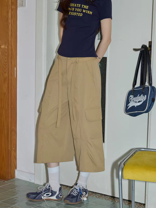 Chaochao's Khaki Utility-Style Cropped Wide-Leg Casual Pants (Women's) – Summer 2026 Vintage Loose Straight-Leg High-Waisted Mid-Length Trousers