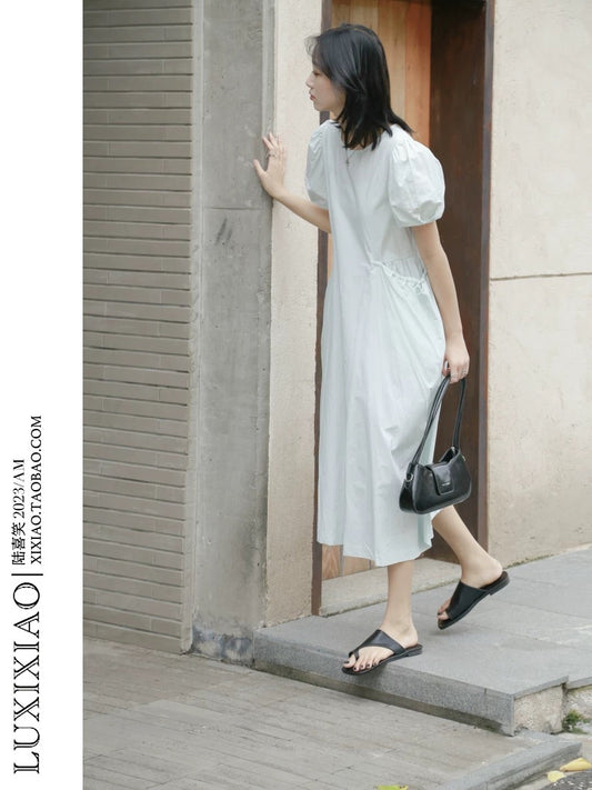 LUXIXIAO dress 2025 new style puff sleeves double pockets design pullover round neck shirt dress female Korean version
