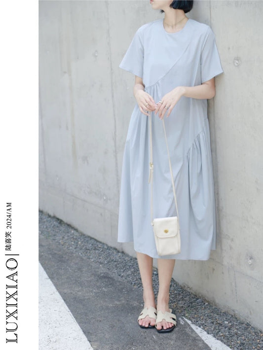 LUXIXIAO dress 2025 new loose slim short-sleeved round neck design Korean shirt dress female summer
