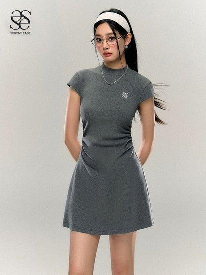 SereneEase college-style niche design half-high collar knitted logo embroidered dress with slim shoulders