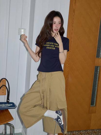 Chaochao's Khaki Utility-Style Cropped Wide-Leg Casual Pants (Women's) – Summer 2026 Vintage Loose Straight-Leg High-Waisted Mid-Length Trousers