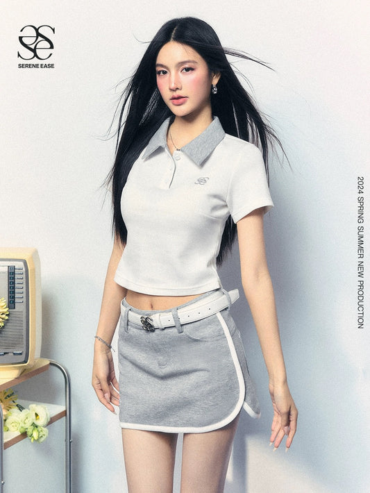 SereneEase POLO collar, right shoulder, short sleeves, T-shirt design, slimming top + logo embroidered casual skirt