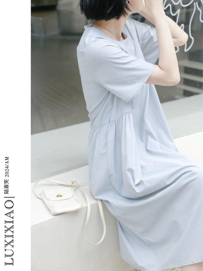 LUXIXIAO dress 2025 new loose slim short-sleeved round neck design Korean shirt dress female summer