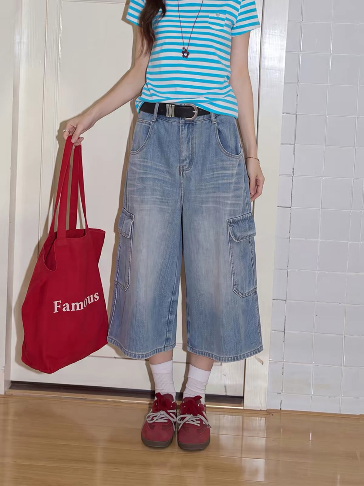 Chaochaojia Women's Blue Washed Utility-Style Cropped Jeans – Summer Casual High-Waisted Loose Wide-Leg Mid-Length Denim Pants (Model 2026)