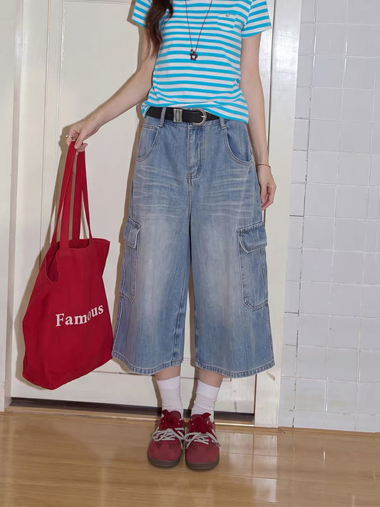Chaochaojia Women's Blue Washed Utility-Style Cropped Jeans – Summer Casual High-Waisted Loose Wide-Leg Mid-Length Denim Pants (Model 2026)