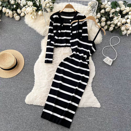 Pear-shaped two-piece suit for women autumn long-sleeved knitted cardigan coat striped suspenders slim dress