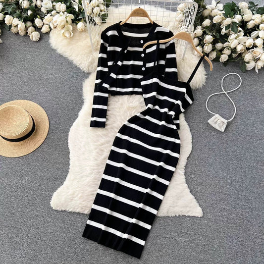 Pear-shaped two-piece suit for women autumn long-sleeved knitted cardigan coat striped suspenders slim dress