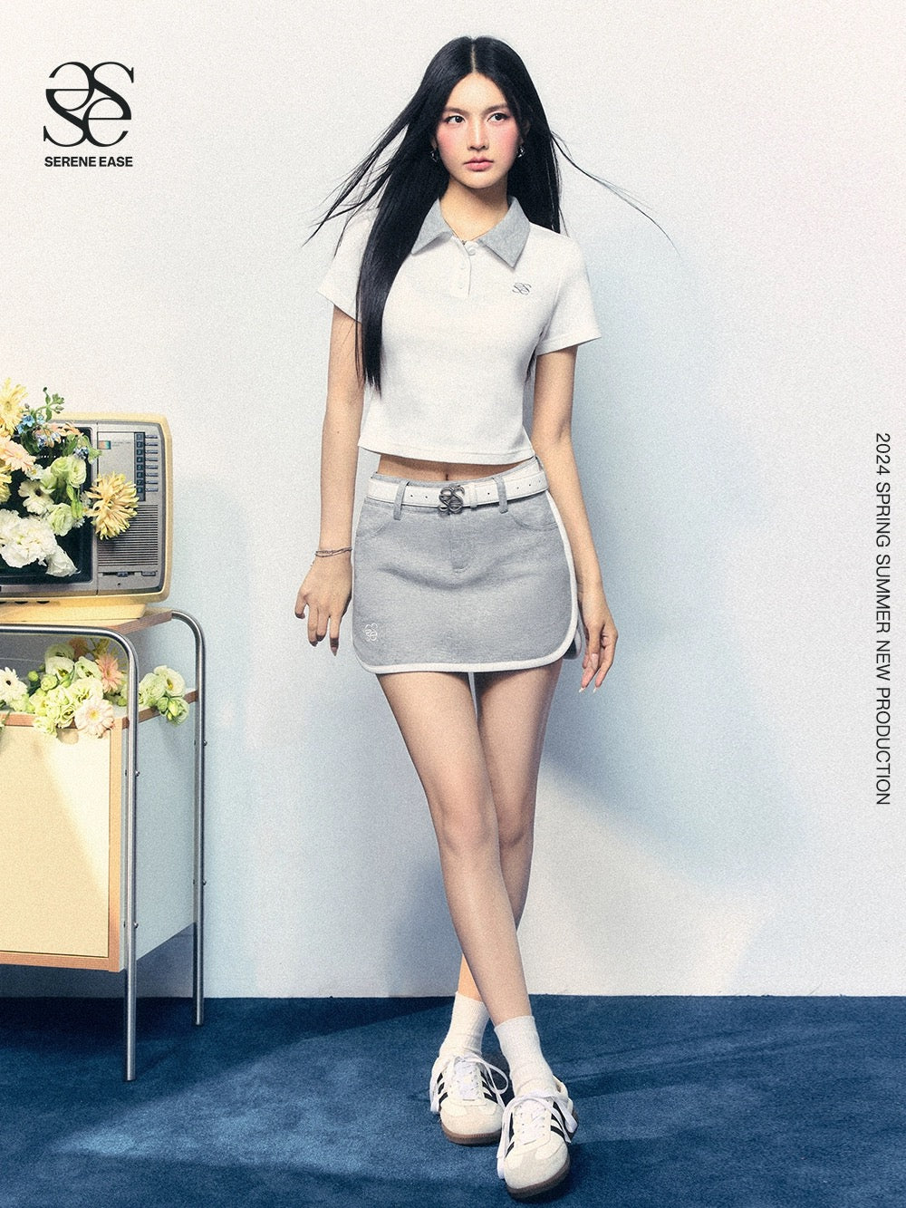 SereneEase POLO collar, right shoulder, short sleeves, T-shirt design, slimming top + logo embroidered casual skirt