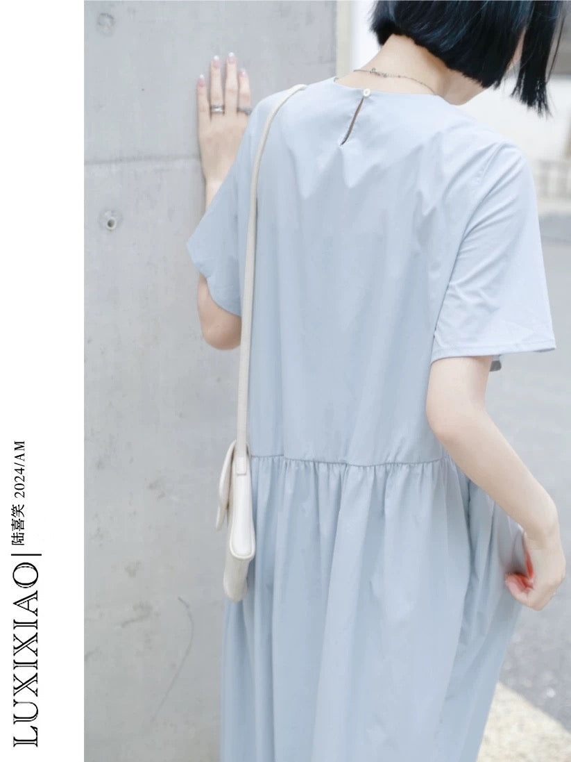 LUXIXIAO dress 2025 new loose slim short-sleeved round neck design Korean shirt dress female summer
