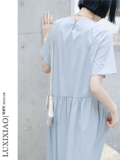 LUXIXIAO dress 2025 new loose slim short-sleeved round neck design Korean shirt dress female summer