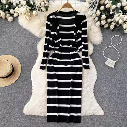 Pear-shaped two-piece suit for women autumn long-sleeved knitted cardigan coat striped suspenders slim dress