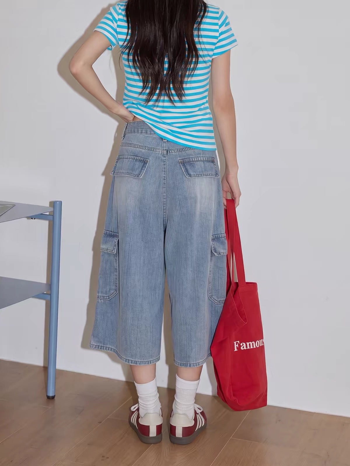 Chaochaojia Women's Blue Washed Utility-Style Cropped Jeans – Summer Casual High-Waisted Loose Wide-Leg Mid-Length Denim Pants (Model 2026)