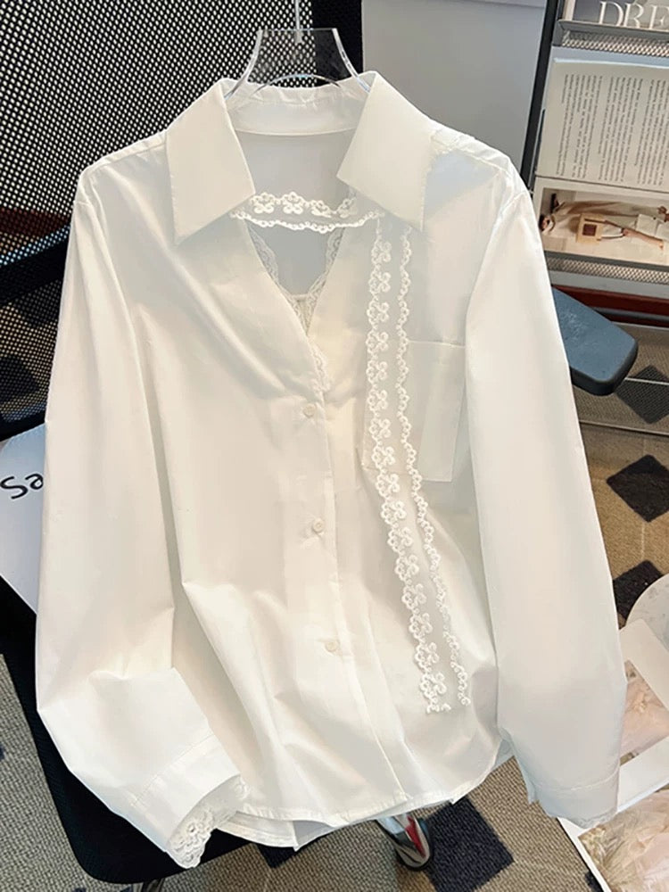 Self-retained style recommendation ~ 2025 Spring and Autumn loose design lace splicing V-neck lapel long-sleeved shirt top for women