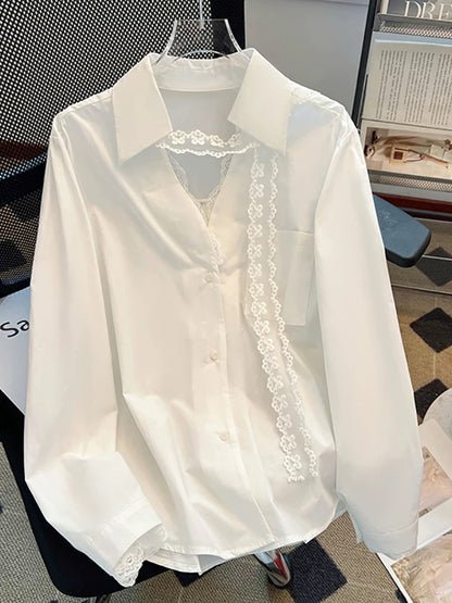 Self-retained style recommendation ~ 2025 Spring and Autumn loose design lace splicing V-neck lapel long-sleeved shirt top for women