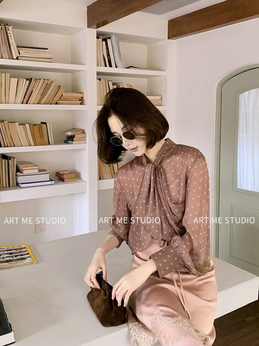 ARTME Guagua Pure and Delicate Polka Dot Lace Patchwork Shirt for Women, Springtime Feel, Inner Layer Camisole Top