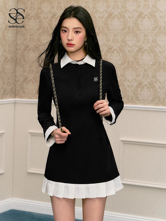 SereneEase American retro college style fake two-piece dress niche design black and white contrast A-line skirt