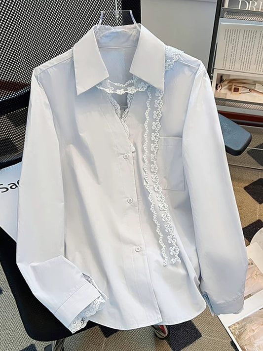 Self-retained style recommendation ~ 2025 Spring and Autumn loose design lace splicing V-neck lapel long-sleeved shirt top for women