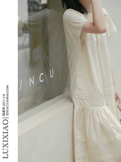 LUXIXIAO dress 2025 new loose shoulder sleeve pleated design Korean version of the round neck shirt dress