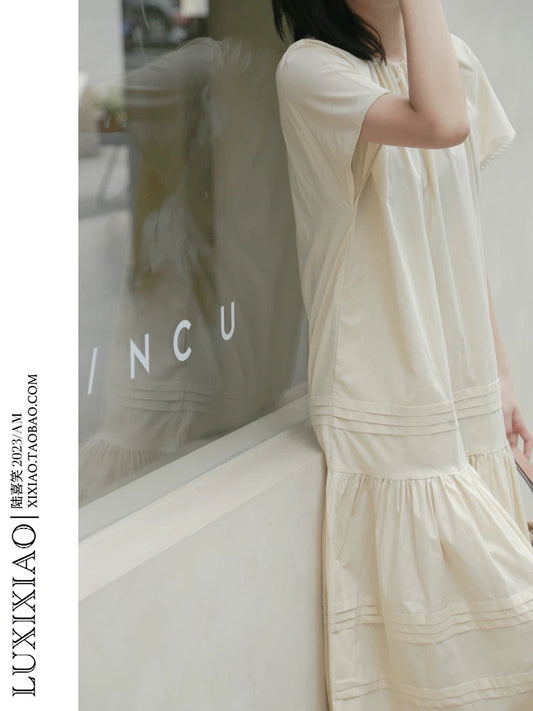 LUXIXIAO dress 2025 new loose shoulder sleeve pleated design Korean version of the round neck shirt dress