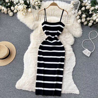 Pear-shaped two-piece suit for women autumn long-sleeved knitted cardigan coat striped suspenders slim dress