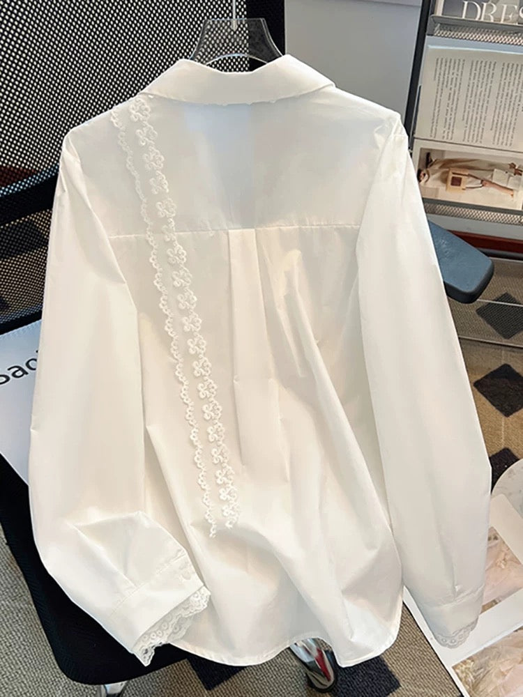 Self-retained style recommendation ~ 2025 Spring and Autumn loose design lace splicing V-neck lapel long-sleeved shirt top for women
