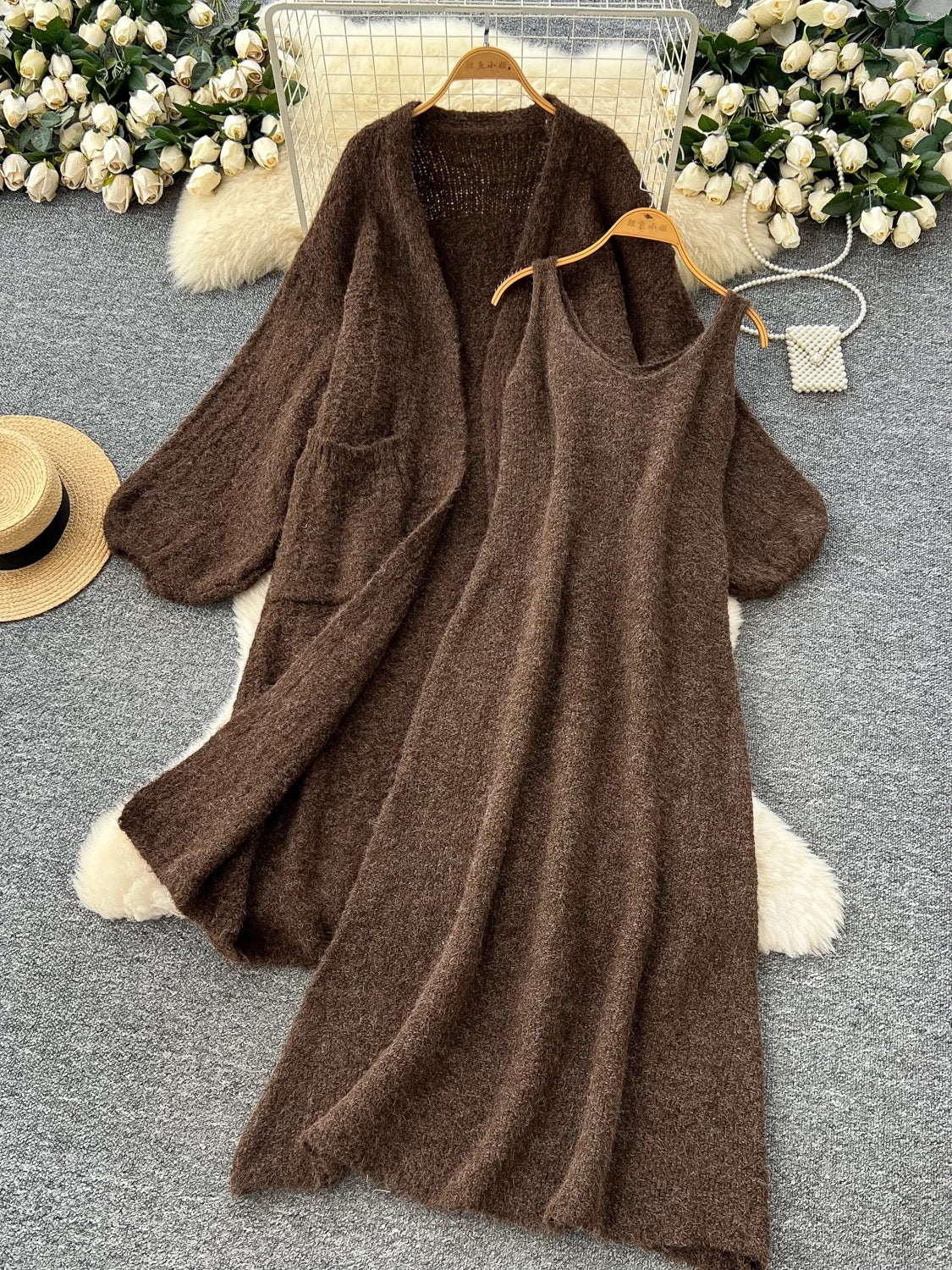 Lazy style sweater suit for women autumn loose outer wear mid-length knitted coat inner suspender dress suit