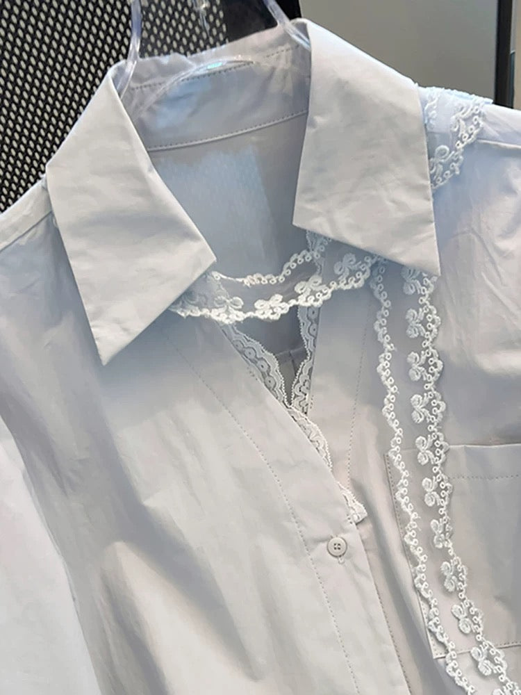Self-retained style recommendation ~ 2025 Spring and Autumn loose design lace splicing V-neck lapel long-sleeved shirt top for women