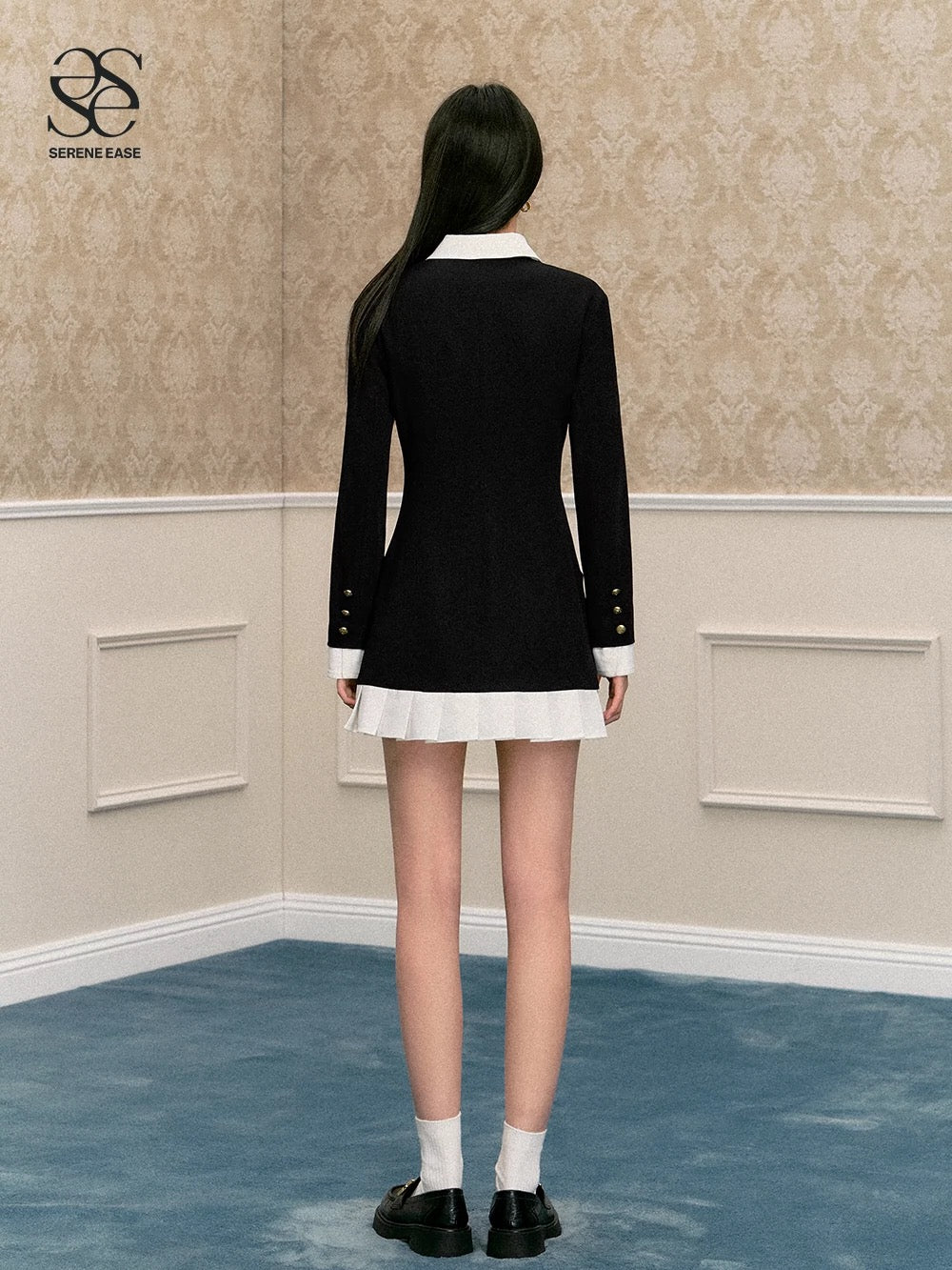 SereneEase American retro college style fake two-piece dress niche design black and white contrast A-line skirt