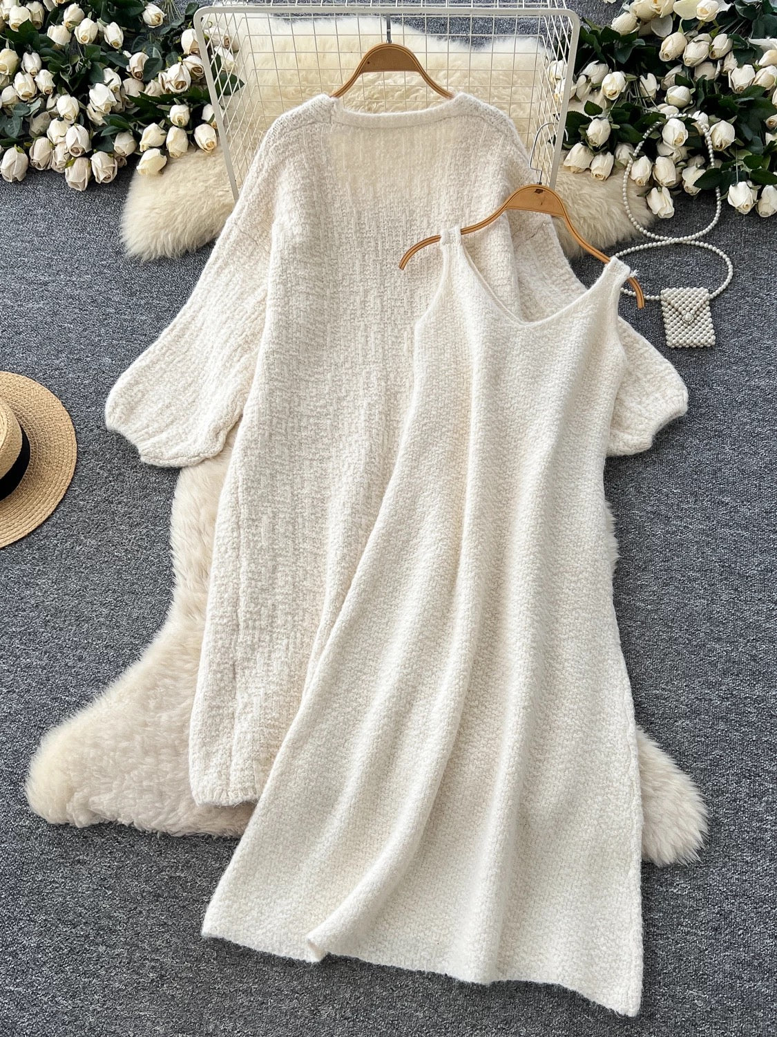 Lazy style sweater suit for women autumn loose outer wear mid-length knitted coat inner suspender dress suit