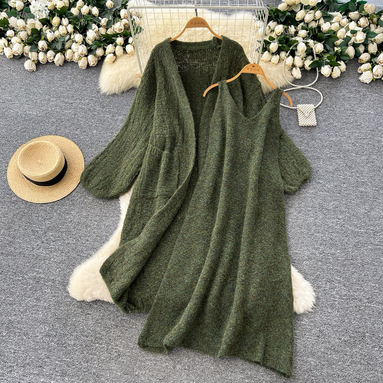 Lazy style sweater suit for women autumn loose outer wear mid-length knitted coat inner suspender dress suit