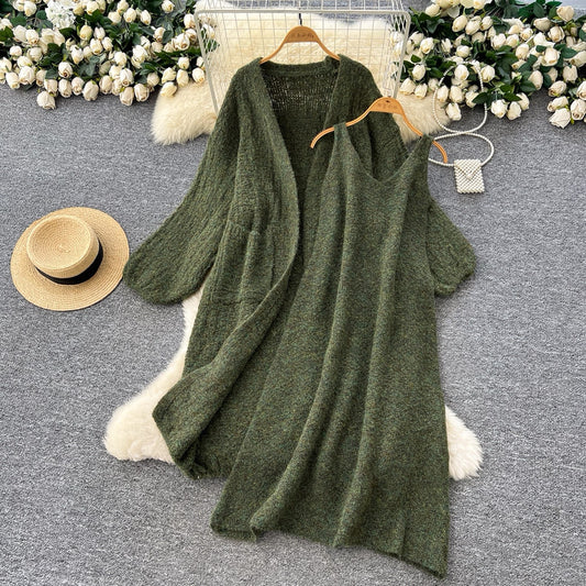 Lazy style sweater suit for women autumn loose outer wear mid-length knitted coat inner suspender dress suit