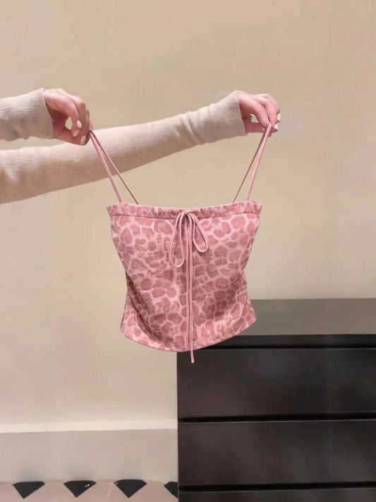 Pink leopard print strappy camisole, export style, cut label, super cute, perfect for layering or wearing alone.
