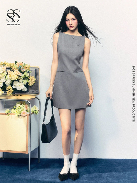 SereneEase original design gray sleeveless waist slimming hot girl embroidered one-line collar French skirt