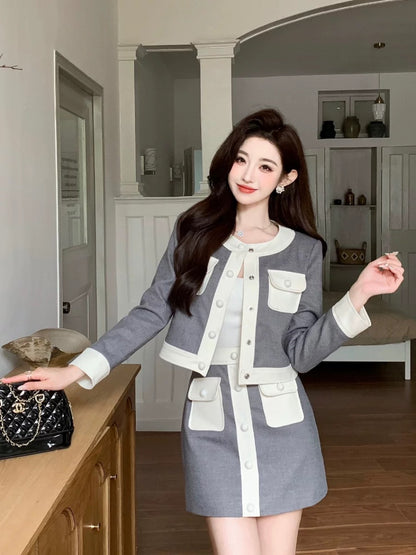 Shenzhen Nanyou designer style small fragrant style contrasting jacket street top A-line short skirt small British suit