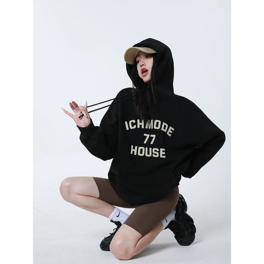 ICH MODE American heavyweight hooded sweatshirt women's 2024 spring, autumn and winter letter loose long-sleeved black jacket top