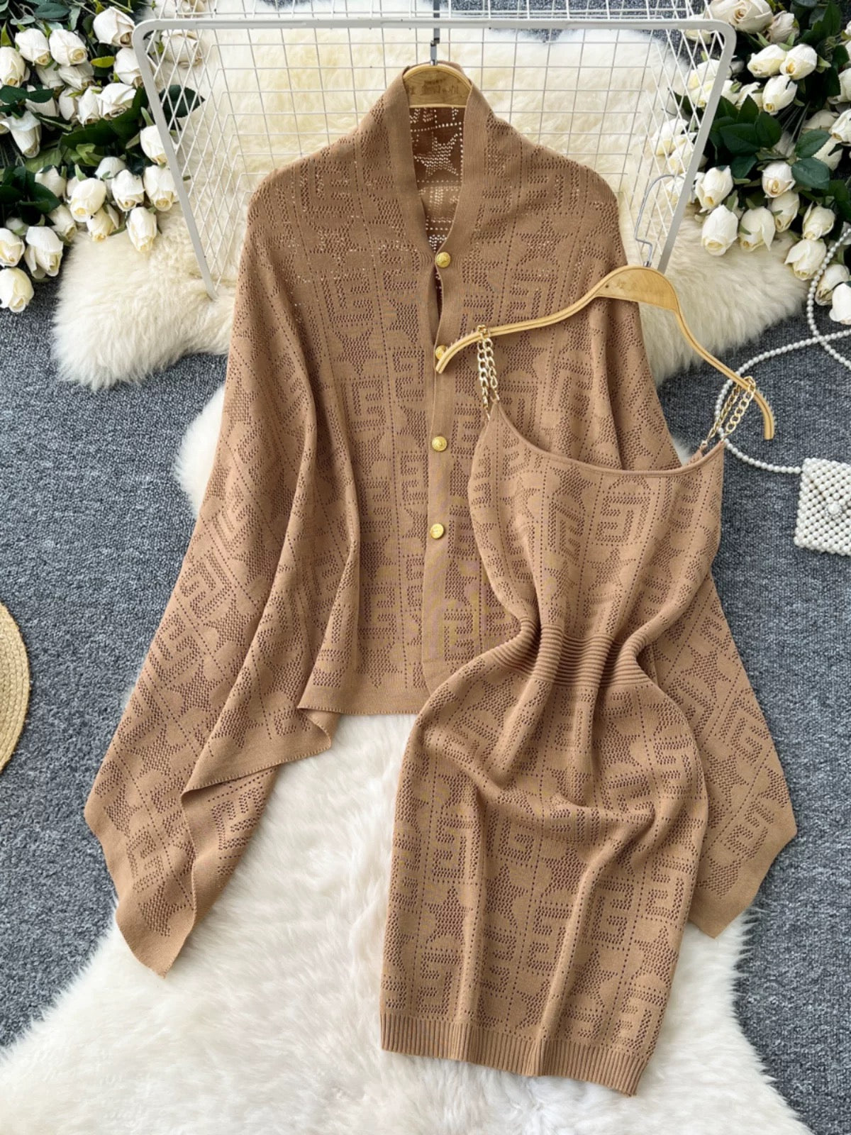 Celebrity lady suit women's loose irregular knitted cape knitted cardigan jacket + chain suspender dress