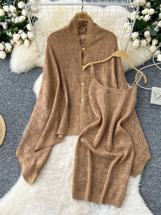 Celebrity lady suit women's loose irregular knitted cape knitted cardigan jacket + chain suspender dress