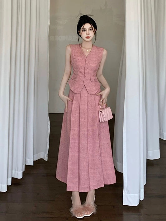 Xiaoxiangfeng suit women's new summer style elegant lady sleeveless single-breasted vest + high-waisted pleated half-length skirt