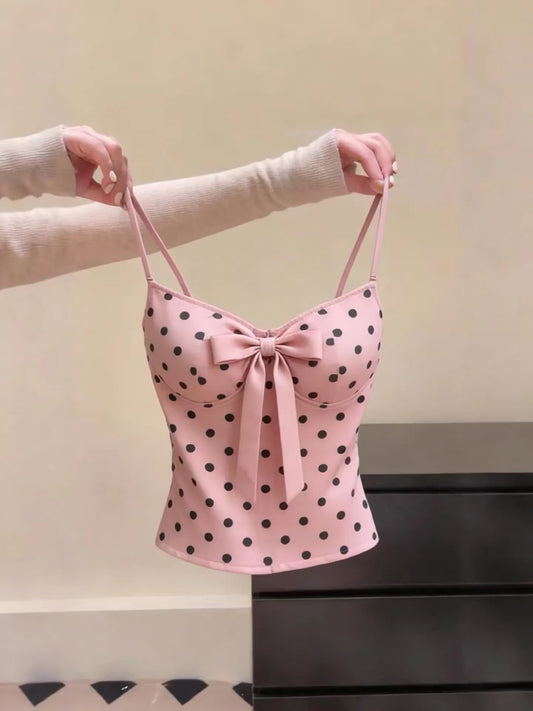 New style, sweet polka dot bow camisole, versatile sleeveless top, export style, label removed.