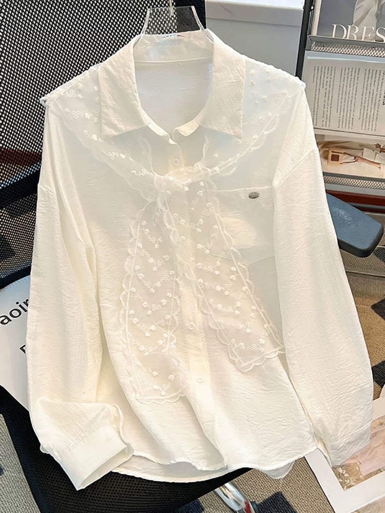 Clearance sale~ Polo collar lace shawl long-sleeved shirt for women 2025 spring new design loose top