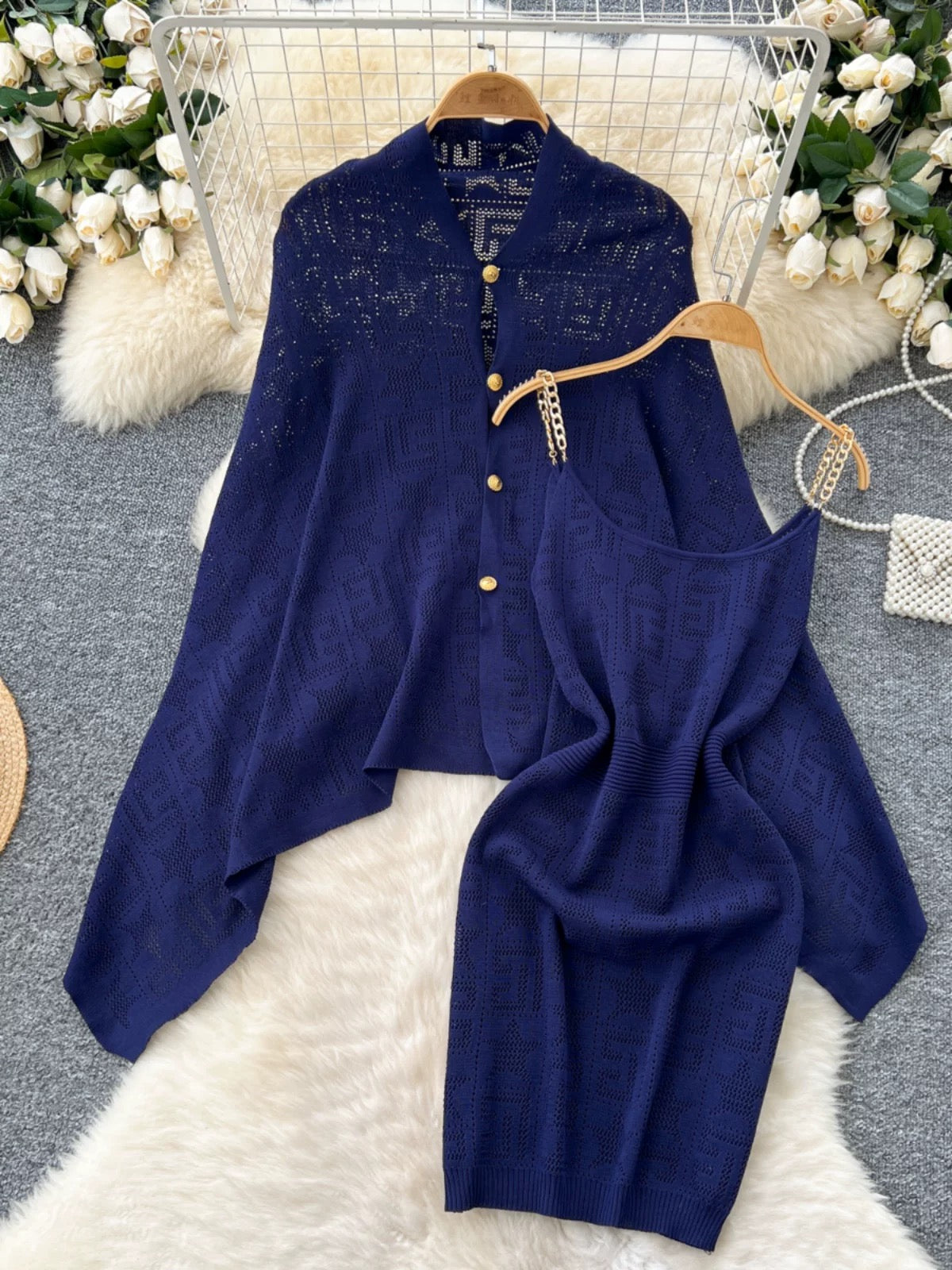 Celebrity lady suit women's loose irregular knitted cape knitted cardigan jacket + chain suspender dress