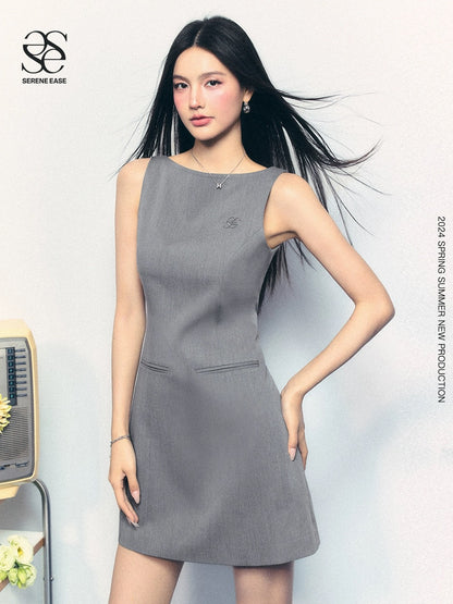 SereneEase original design gray sleeveless waist slimming hot girl embroidered one-line collar French skirt