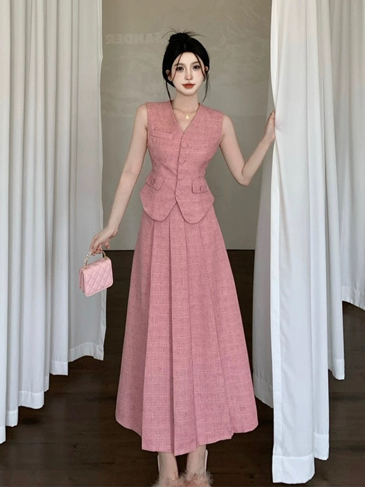 Xiaoxiangfeng suit women's new summer style elegant lady sleeveless single-breasted vest + high-waisted pleated half-length skirt