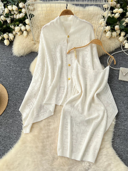 Celebrity lady suit women's loose irregular knitted cape knitted cardigan jacket + chain suspender dress